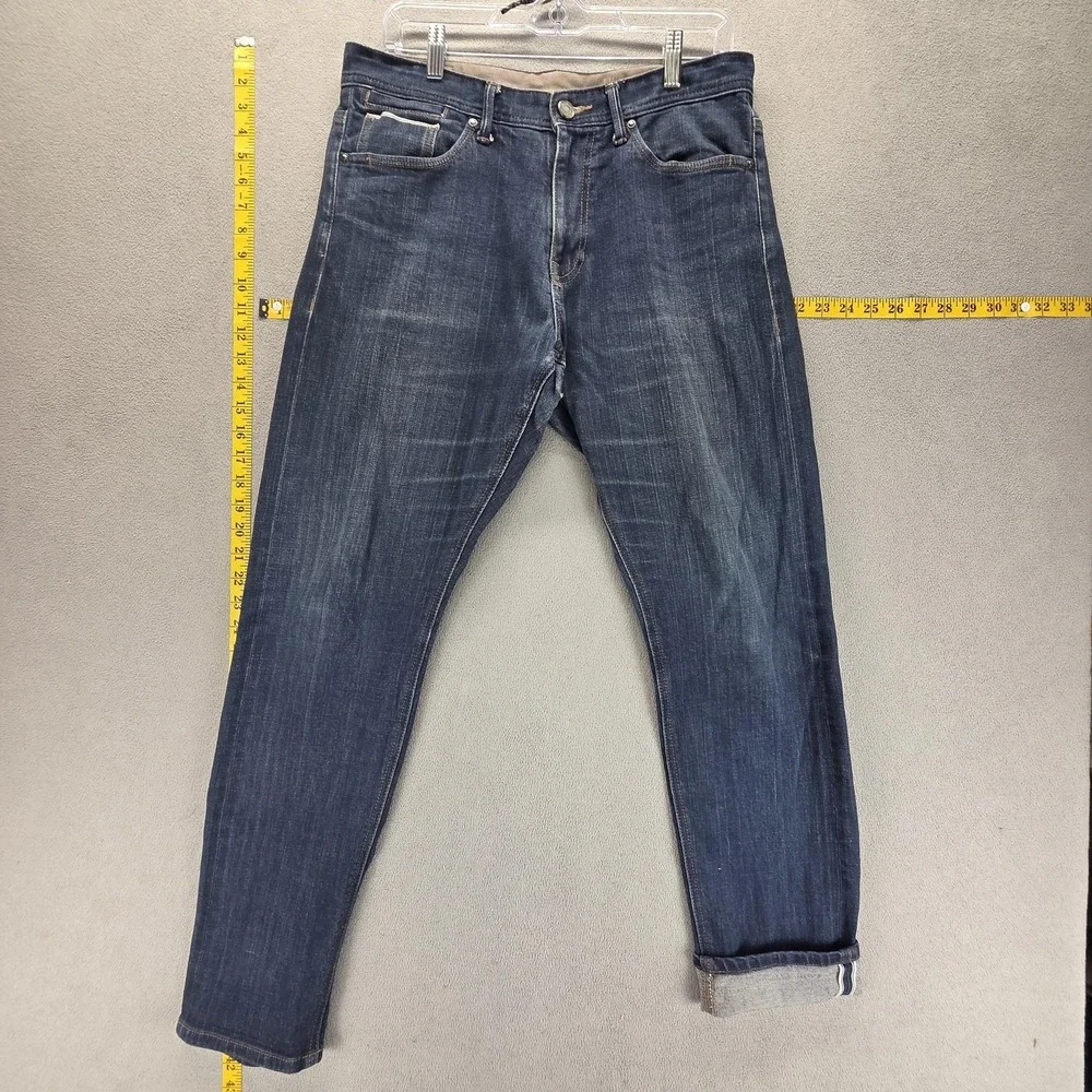 Selvedge Jeans Mens Blue SPAO Medium Wash‎ Zip Fly Whiskers Tapered Fits 32x30